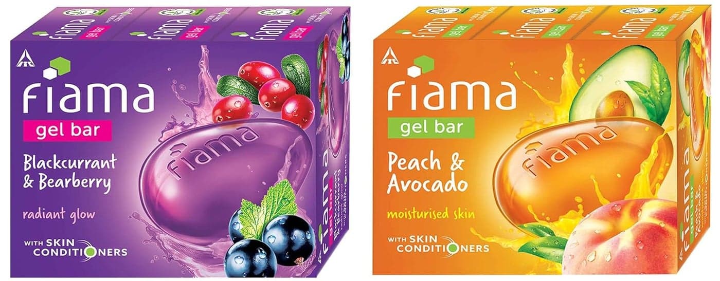 Fiama Gel Bar Blackcurrant and Bearberry for radiant glowing skin 125 g soap Pack of 3 Fiama Gel Bar Peach and Avocado for moisturized skin 125 g soap Pack of 3