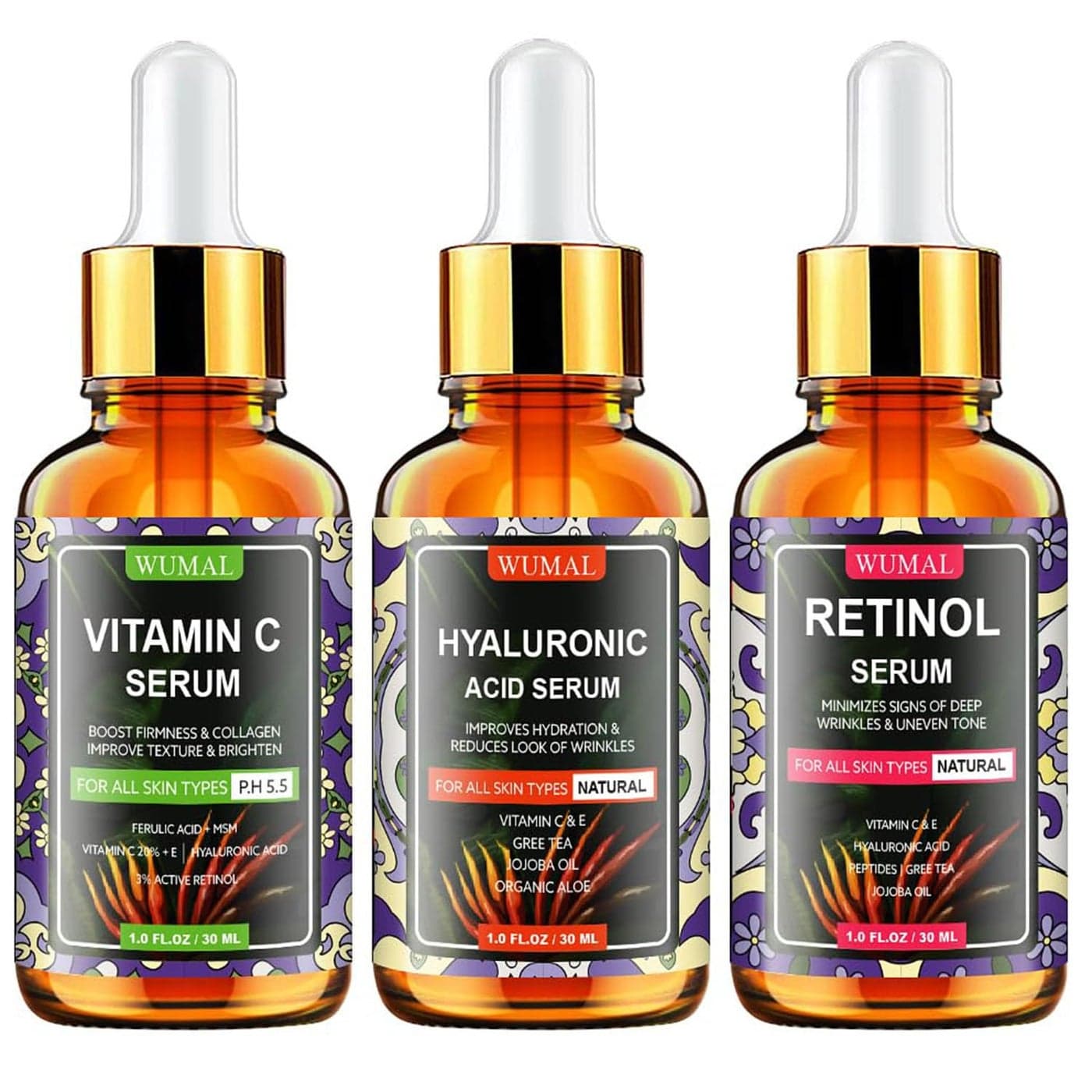 3 Pack Face Serum Set Includes Vitamin C Retinol Hyaluronic Acid Firming Brightening Hydrating Reset Your Skin Day and Night