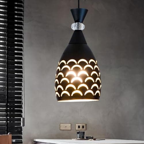 DarkVision Modern Hanging Pendant Light Stylish Ceiling Fixture Decorative Lamp Black Metal Crystal and Patterned Glow Perfect for Dining, Living Room, Kitchen Island, Hallway, Resorts (with Bulb)
