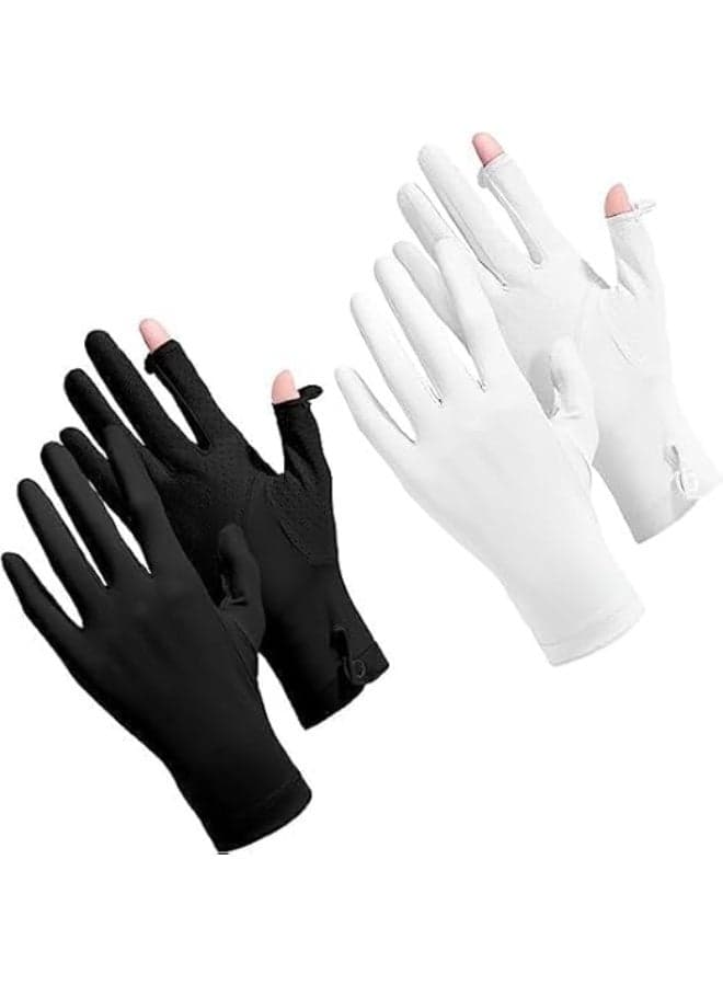 2 Pairs Women UV Sun Protection Gloves, Full Finger Touchscreen Non Slip Gloves, Breathable Summer Outdoor Gloves for Women, Opening Design, for Driving, Climbing, Cycling, Black and White