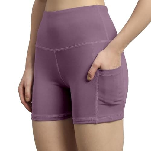 High Waist Workout Shorts for Women, Midnight Sky, Bike Shorts with Elastic Waistband and Pockets, (M, Lavender)