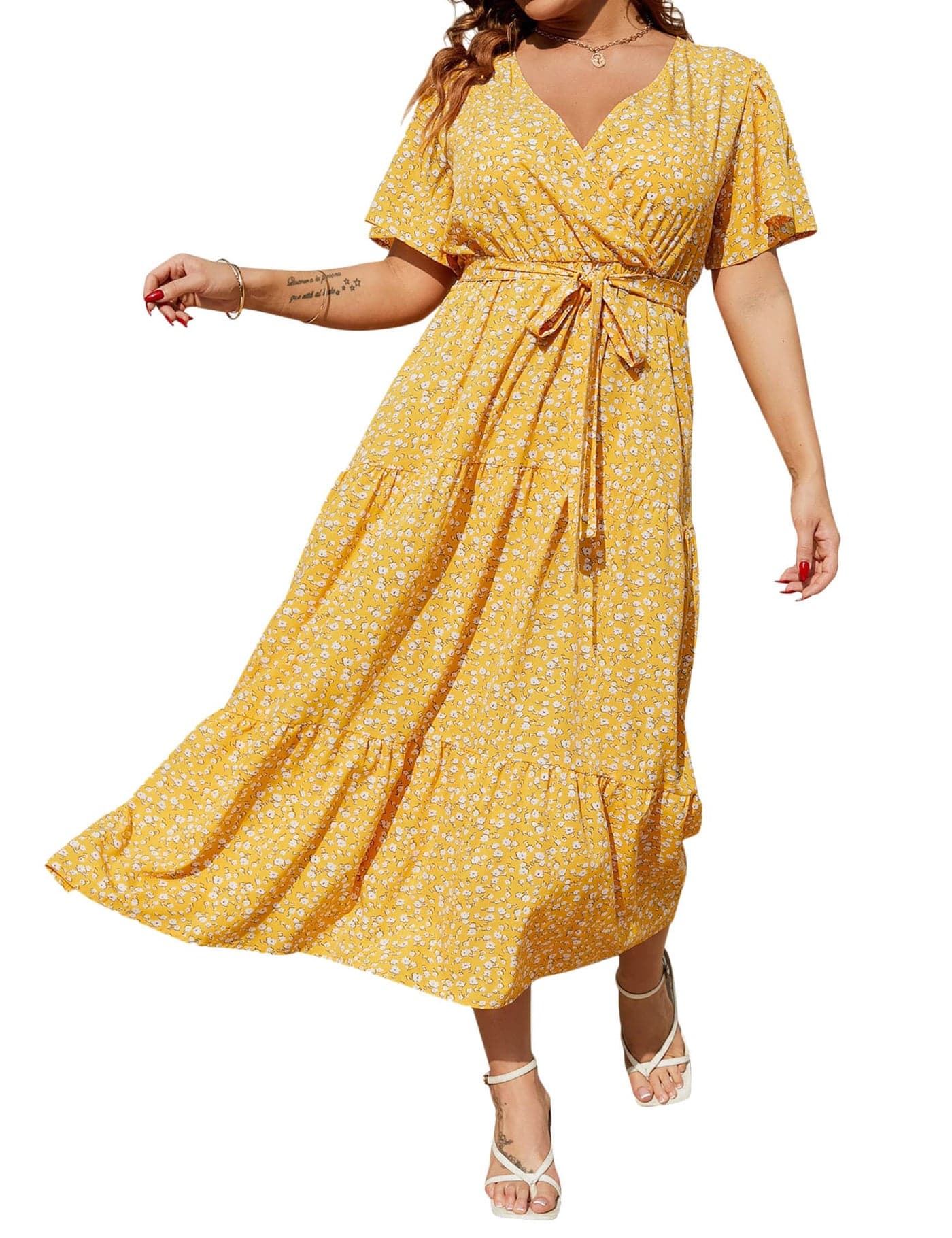 KOJOOIN Women Plus Size V Neck Wrap Maxi Dress Short Sleeves High Waist Ruffle Summer Casual Dress with Belt Yellow Flower 3XL