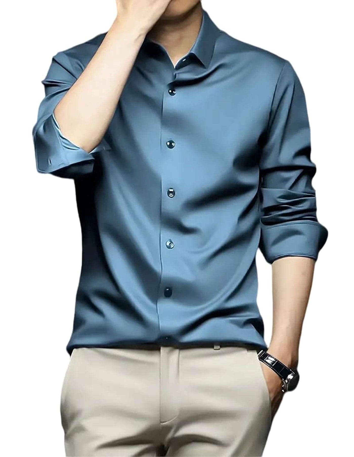 IndoPrimo Men's Stylish Solid Satin Casual Shirt for Men Full Sleeve Spread Collared Neck Classic Fit Curved Hem Length | Shir for Man | Airblue XXL