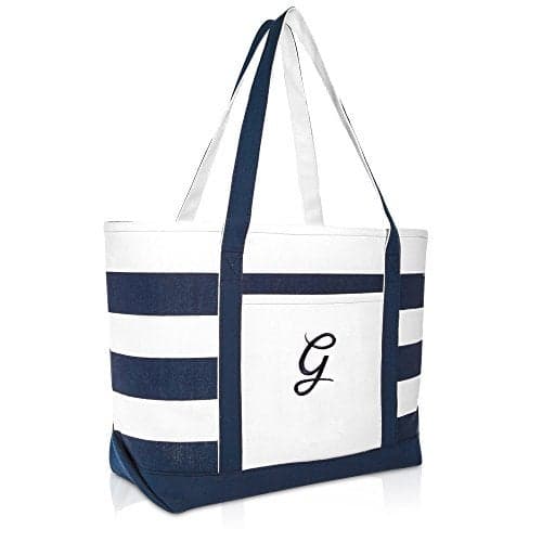 DALIX Premium Beach Bags Striped Navy Blue Zippered Tote Bag Monogrammed G