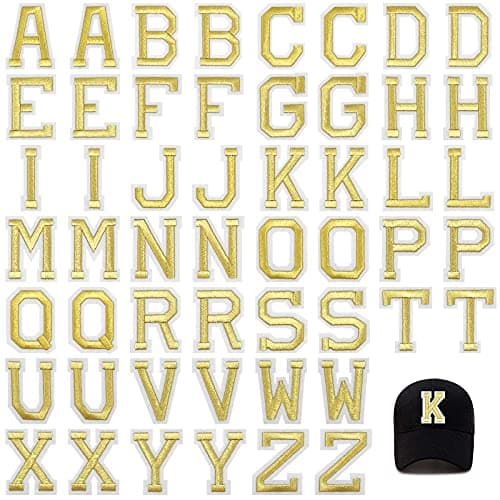 Jongdari Iron on Letters 52 Pcs Alphabet Patches with Ironed Adhesive Decorate Repair Patches for Shirts Jackets Hats Jeans Shoes BagsGold