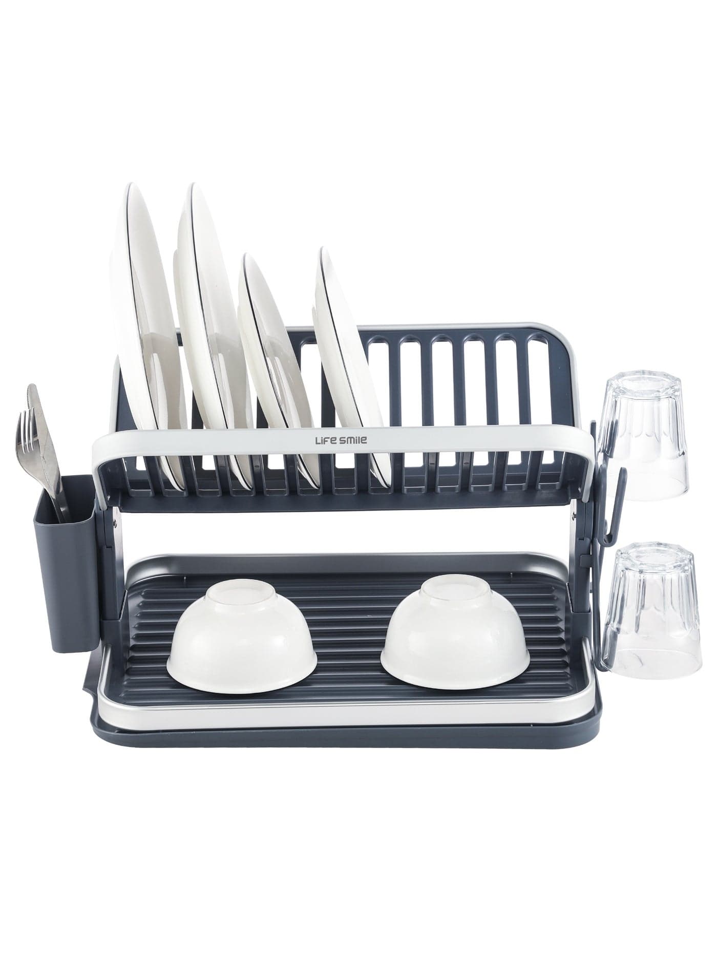 2-Tier Compact Aluminium Dish Drying Rack with Utensil Holder & Cup Hooks – Auto-Drain Kitchen Organizer