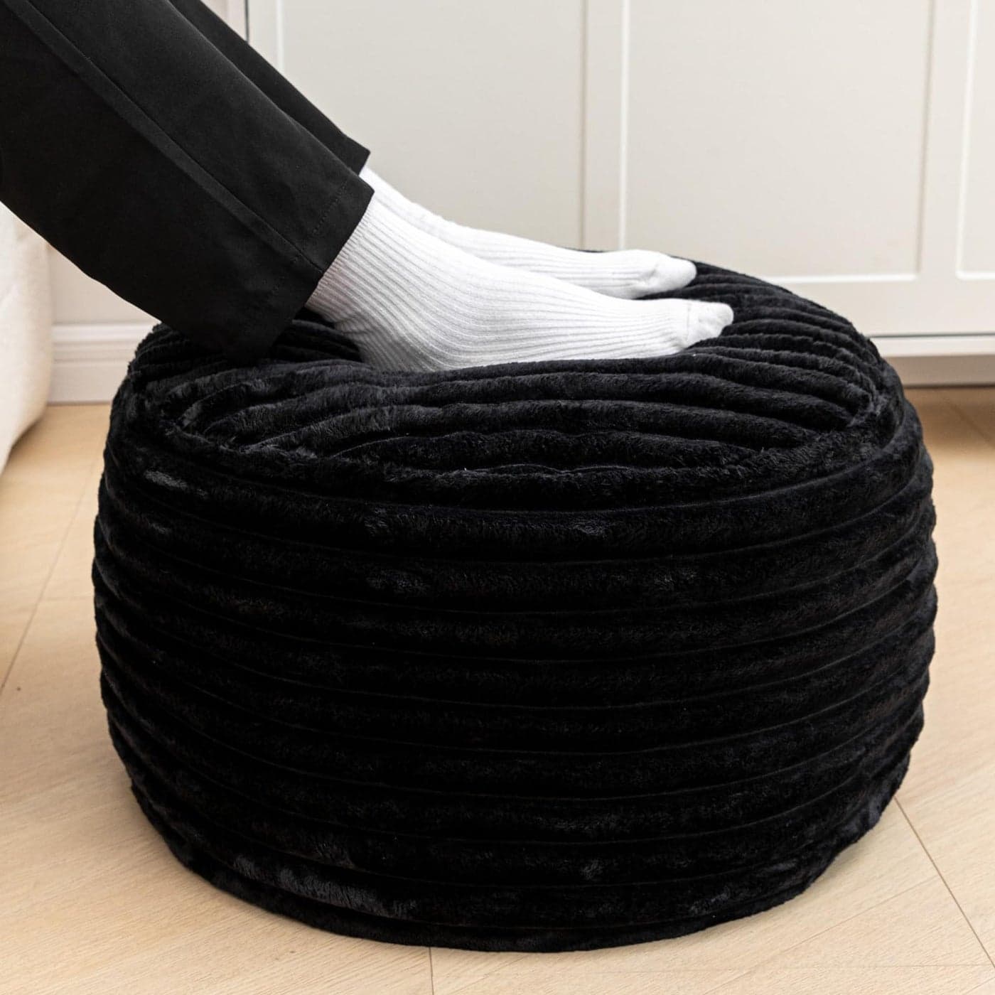 Asuprui Pouf Ottoman Stuffed Footstool Floor Pouf Foot Rest 20x12 Inches Round Poof Seat Floor Bean Bag Chair Foldable Floor Chair Storage for Living Room Bedroom Black Stripe Pouf with Filler