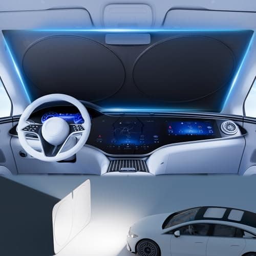 PEMOTech 2026 Upgraded Windshield Sun Shade Cover for Privacy Overlapping Leather Protection Car Window Shades Sunburn Blocker Rear View Mirror Compatible 64x32 for ToyotaChevyHonda