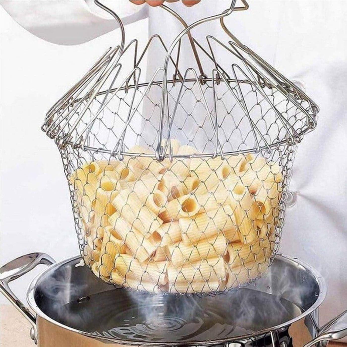 STAREWA Foldable Steam Rinse Deep Frying Basket Stainless Steel Fry French Basket Strainer Net Fried Filter Drainage Rack for Fried Food or Fruits Multifunctional Kitchen Cooking Tool