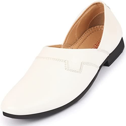 FAUSTO FST FOSME-2048 WHITE-42 Men's White Wedding Party Evening Ethnic Colorblocked Slip On Juttis and Mojaris (8 UK)