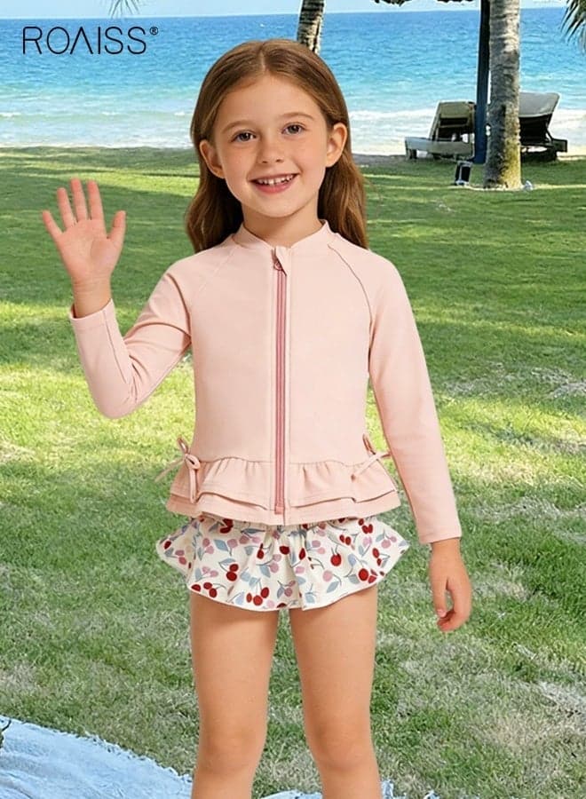 Girls 2PCS Swimsuit, Sun-protective Ruffled Rash Guard with Skirted Bottom, Long Sleeve Cherry Print Skirted Swimsuit, Stylish Quick-drying Summer Bathing Suit for Girls, Suitable for Swimming, Beach or Any Water Activities