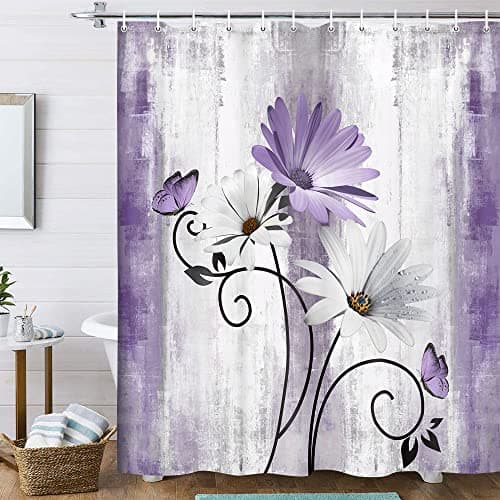 VeiVian Rustic Farmhouse Shower Curtain, Farm Purple Daisy Floral Flowers and Butterfly on Country Wooden Shower Curtain for Bathroom, Violet Grey Bathroom Shower Curtains with 12PCS Hooks, 70X70IN