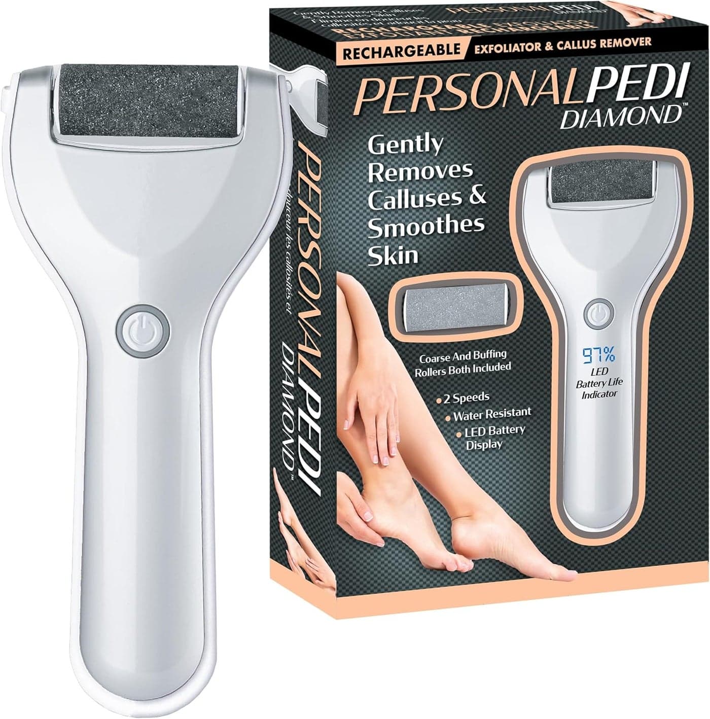 Personal Pedi Diamond Electric Foot Callus Remover for Feet Rechargeable Interchangeable Rollers EasytoUse Foot File Electric Callus Remover for Feet 2 Intensity Levels 2 Speed As Seen On TV