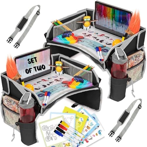 PILLANI Kids Travel Tray for Car - Carseat Tray w/iPad Holder & Dry Erase Board, Road Trip Essentials - Toddler Lap Desk Organizer for Airplane - Roadtrip Activities & Travel Essentials - Pack of 2