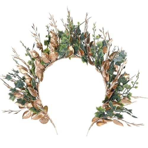 MOSTORY Handmade Woodland Halo Crown Forest Headband Flower Hairband Goddess Floral Crown for Women s Cosplay Party Renaissance Carnival Wedding Photo Shoot Gold Green