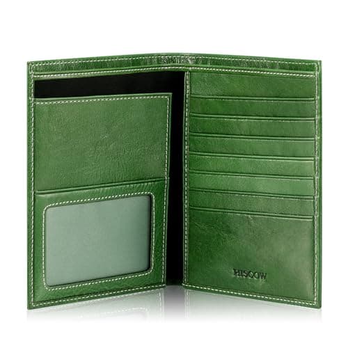HISCOW Italian Leather Passport Holder for Travel - RFID Blocking Wallet Cover with Secure Organizer for Men & Women, US & Foreign Trips, Green Vegetable-Tanned Leather