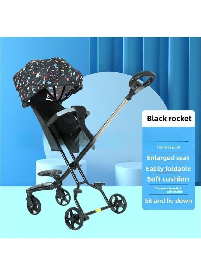 Baby Stroller With Foldable Four Wheeled Walking Tool For Babies, Suitable For Sitting Or Lying Down - Black