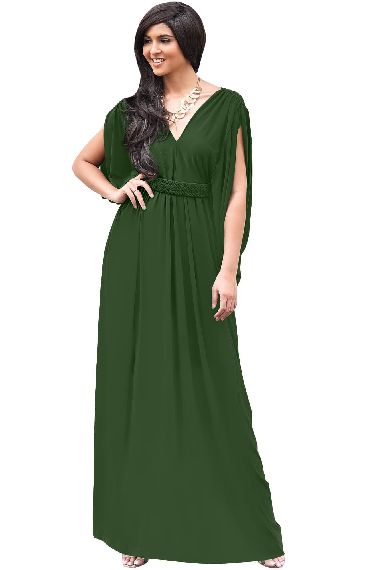 KOH KOH Petite Womens Long V-Neck Summer Grecian Greek Bridesmaid Wedding Party Guest Flowy Formal Evening Slimming Vintage Maternity Gown Gowns Maxi Dress Dresses, Olive Green S 4-6