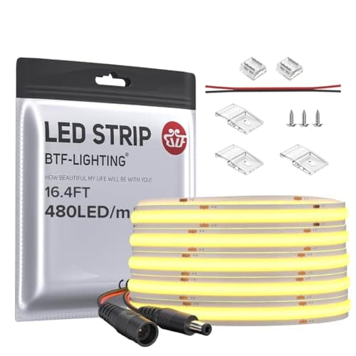 BTFLIGHTING FCOB COB LED Strip Flexible High Density Uniform Light 9Wm 164FT DC24V Warm White 3000K CRI 90 8mm Width Dimmable LED Ribbon for Indoor DecorationNo Adapter or Controller