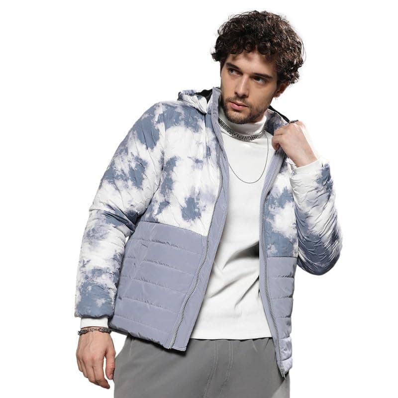Campus Sutra Polyester Men's White&Light Grey Tie-Dye Block Standard Length Puffer Jacket For Casual Wear|Hooded Neck|Long Sleeve|Zipper Closure|Crafted With Comfort Fit For Everyday Wear,Large