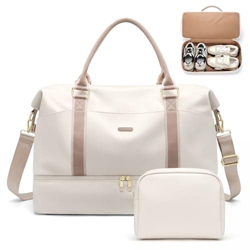 Weekender Bags for Women Carry On Travel Duffel Bag with Shoe Compartment Toiletry Bag 46L Overnight Bag Gym Hospital Bags for Labor and Delivery Cream White