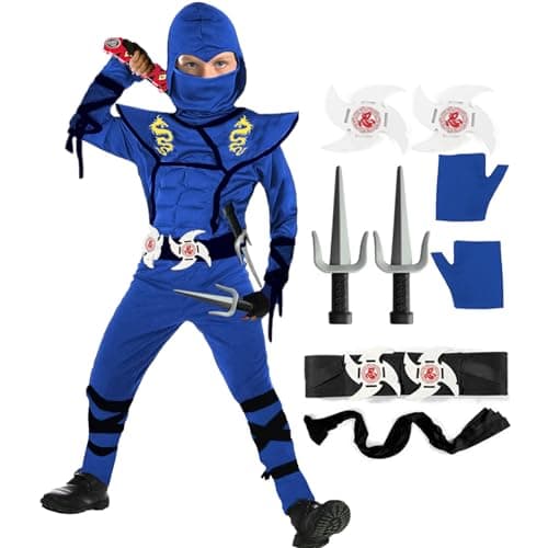 SATKULL Blue Ninja Costume for Kids Ninja Deluxe Costumes Set with Ninjas Accessories for Boy Dress Up(Kids-L-8/9T)