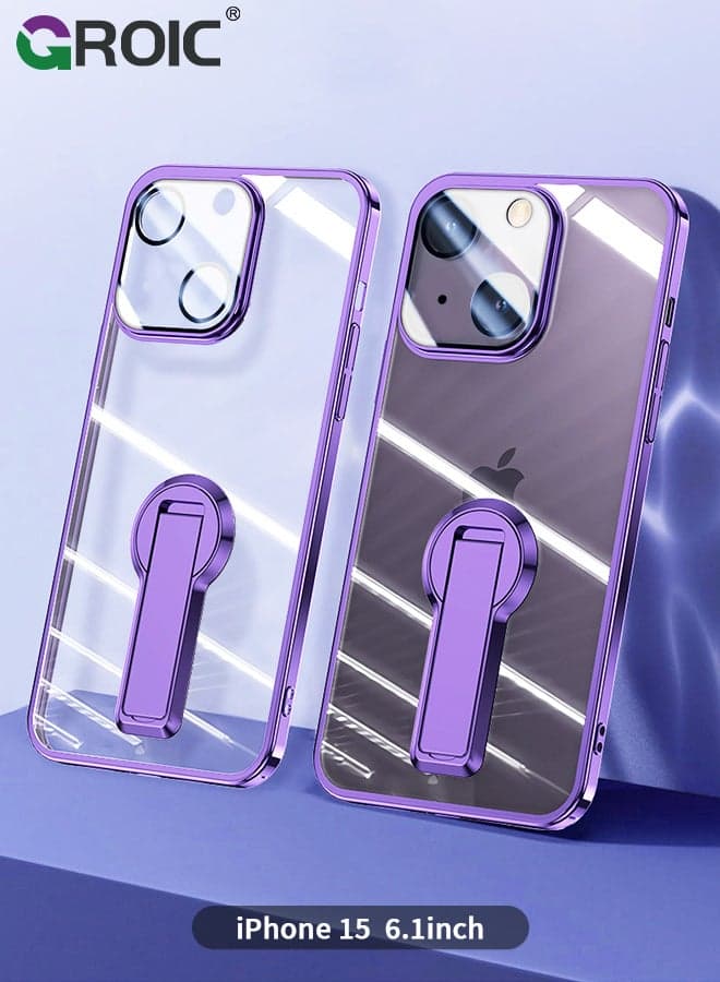 For iPhone 15 Case with Stand, Phone Cover with Camera Lens Protector, Yellowing & Protective Phone Shell, Electroplated Phone Case for iPhone 15 6.1 Inch