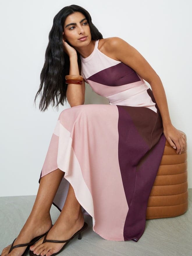Styli Color Block Asymmetric Hem Maxi Dress