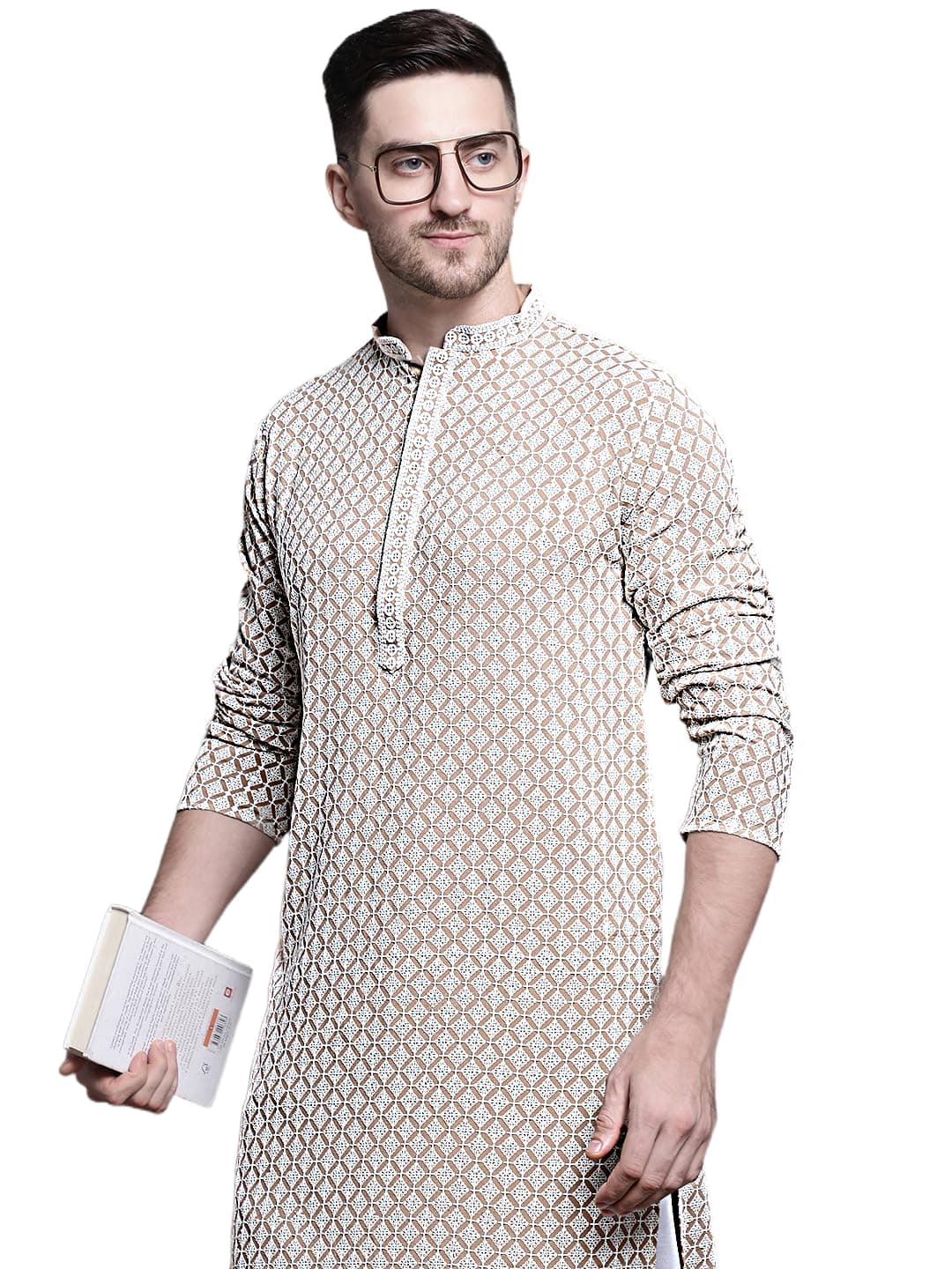 Jompers Men Sequin Embroidered Pure Cotton Kurtas (Beige, M)