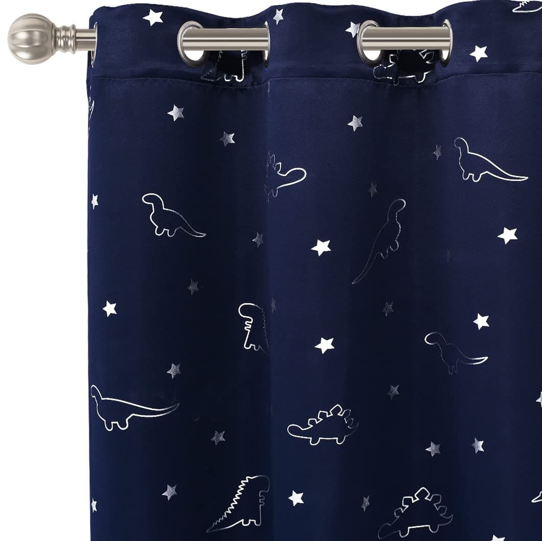 LORDTEX Dinosaur and Star Foil Print Blackout Curtains for Kids Room Thermal Insulated Curtains Noise Reducing Window Drapes for Boys and Girls Bedroom 42 x 63 Inch Navy Set of 2 Panels