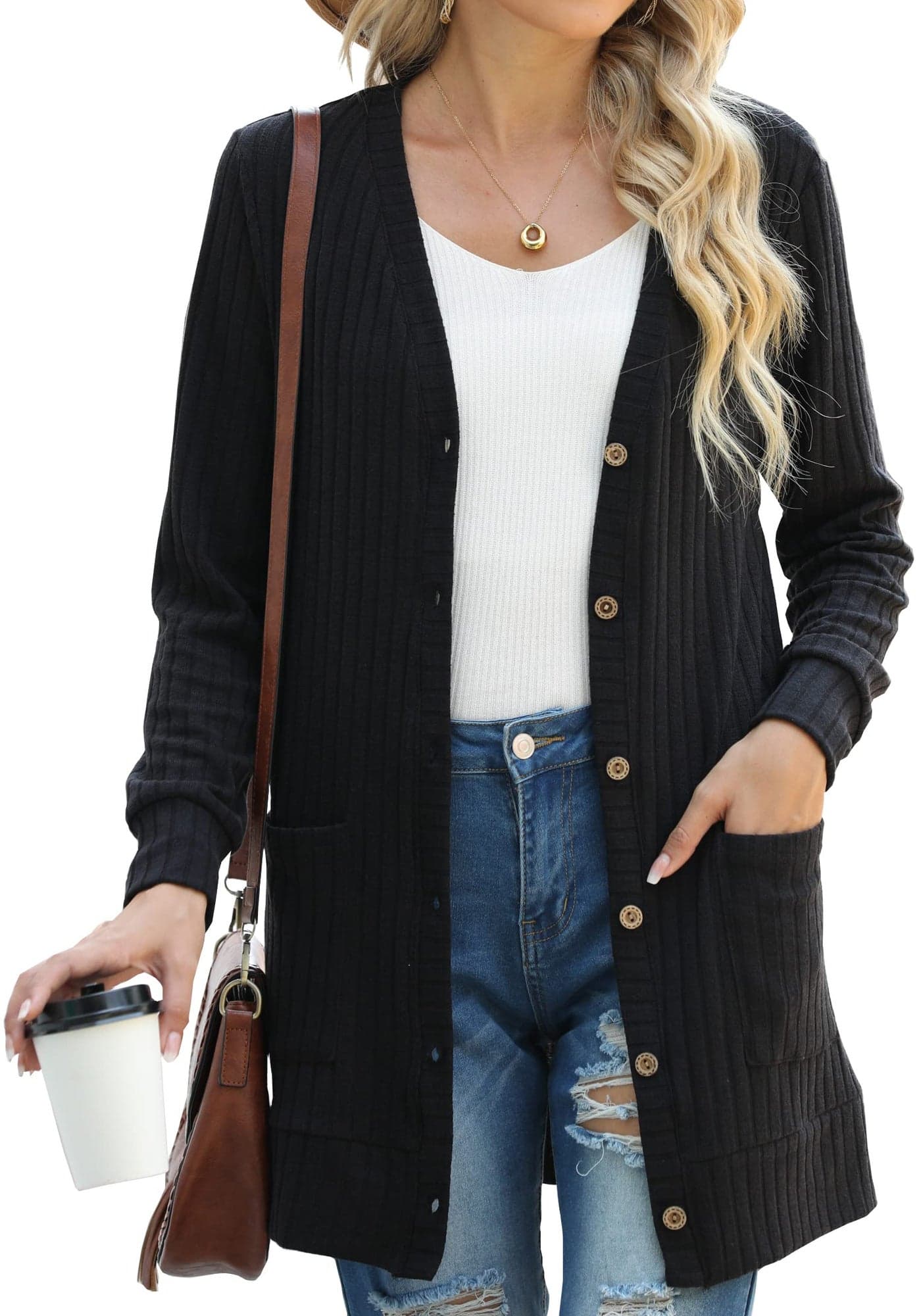 GRECERELLE Open Front Black Cardigan for Women Button Down Long Sleeve Sweater Outerwear with Pocket