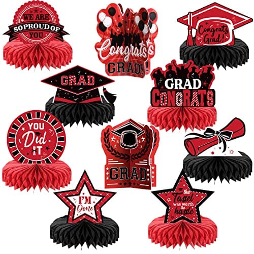 Yisong 10 Pcs Red Graduation Table Decorations 2026 Graduation Centerpieces for Tables Class of 2026 Congrats Grad Honeycomb Centerpieces Grad Table Toppers for Party Supplies