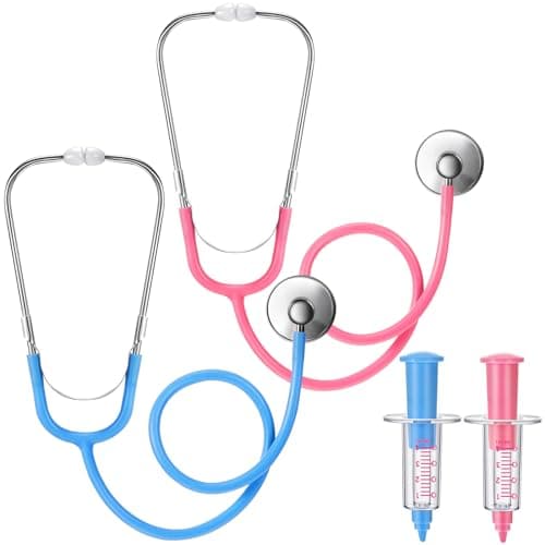 4 Pcs Kids Stethoscope with Syringe Toy Stethoscope Preschool Pretend Doctor Toys for Costume Kids Boys Girls Role Play Accessories Pink Blue