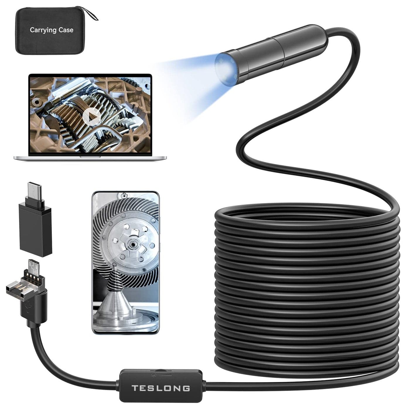 5MP AutoFocus Endoscope Teslong 3rd Generation USB Borescope with 50 Megapixel Inspection Camera 165ft Waterproof SemiRigid Cable Adjustable Led Lights Probe for Android Phone Windows MacBook
