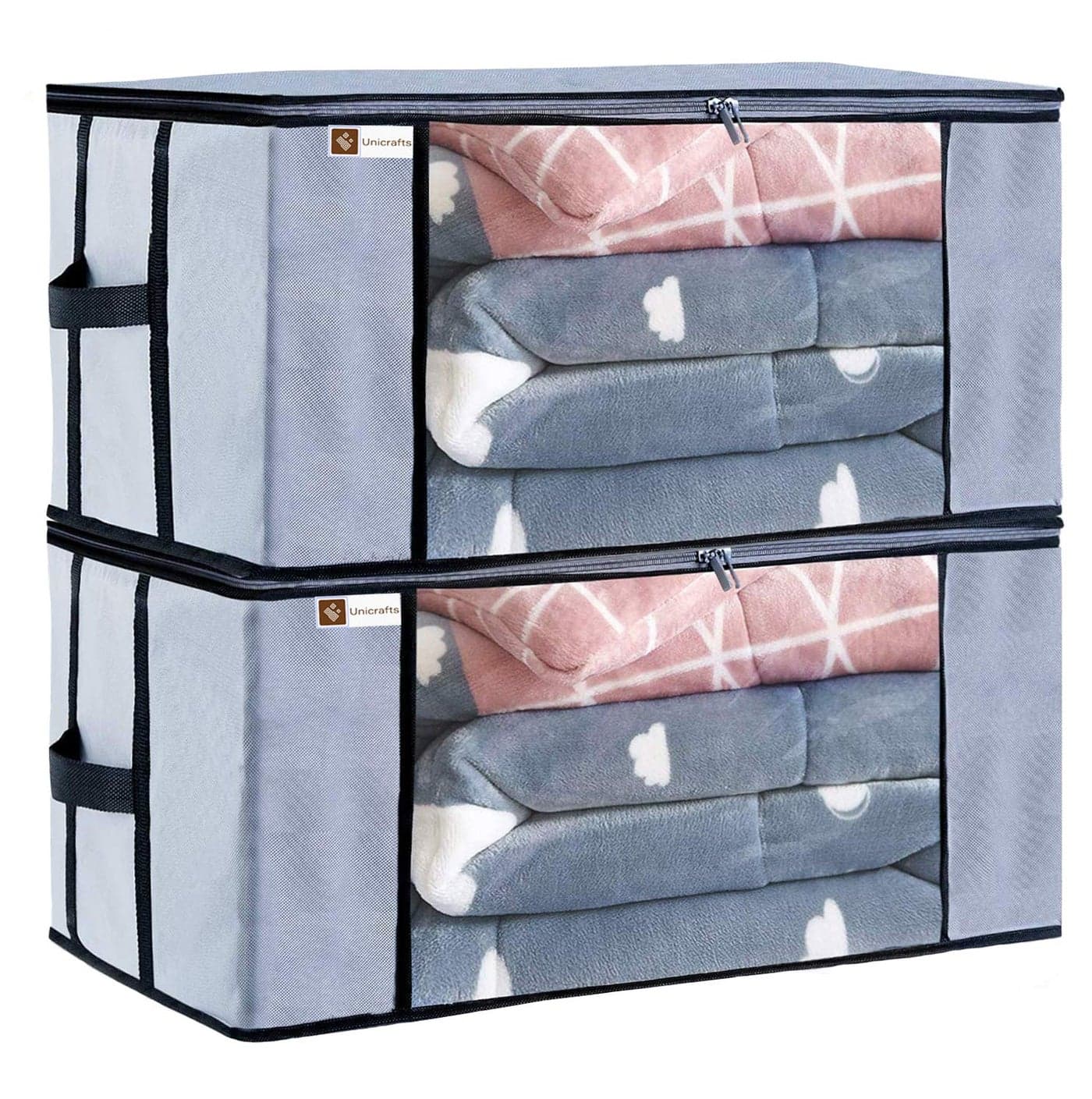 Unicrafts Rectangular Underbed Blanket Storage Bag for Wardrobe Organizer Blanket Cover with a large Transparent Window and Side Handles Pack of 2 Pieces Grey Standard size