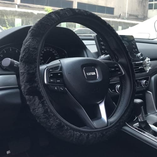 KAFEEK Elastic Long Microfiber Plush Steering Wheel Cover for Winter Warm, Universal 15 inch, Anti-Slip, Odorless, Black