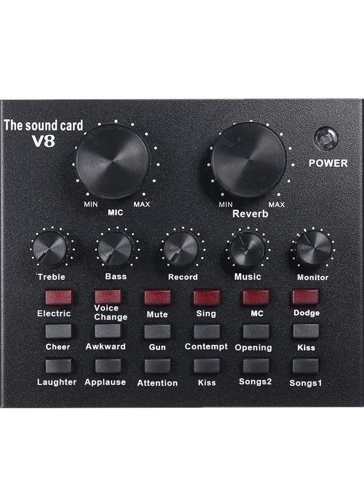 V8 Multifunctional Live Sound Card USB Audio Interface Intelligent Volume Adjustable Audio Mixer Sound Card for Recording Hosting Speech
