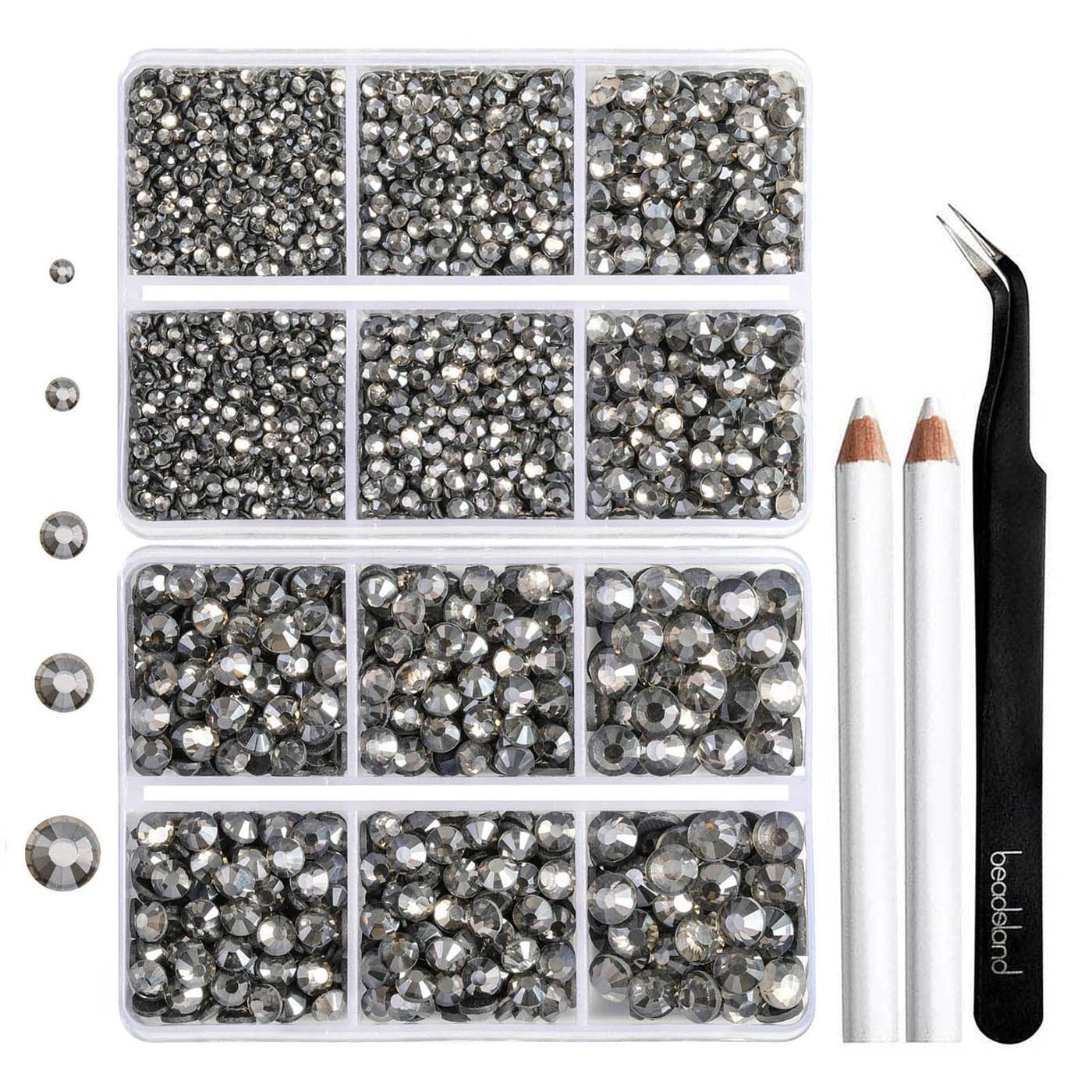 6736pcs Hotfix Rhinestones FlatbackGray Rhinestones for Crafts Clothes Mixed 5 Sizes Hotfix Crystals with Tweezers and Wax Pencil Kit SS6SS30Black Diamond