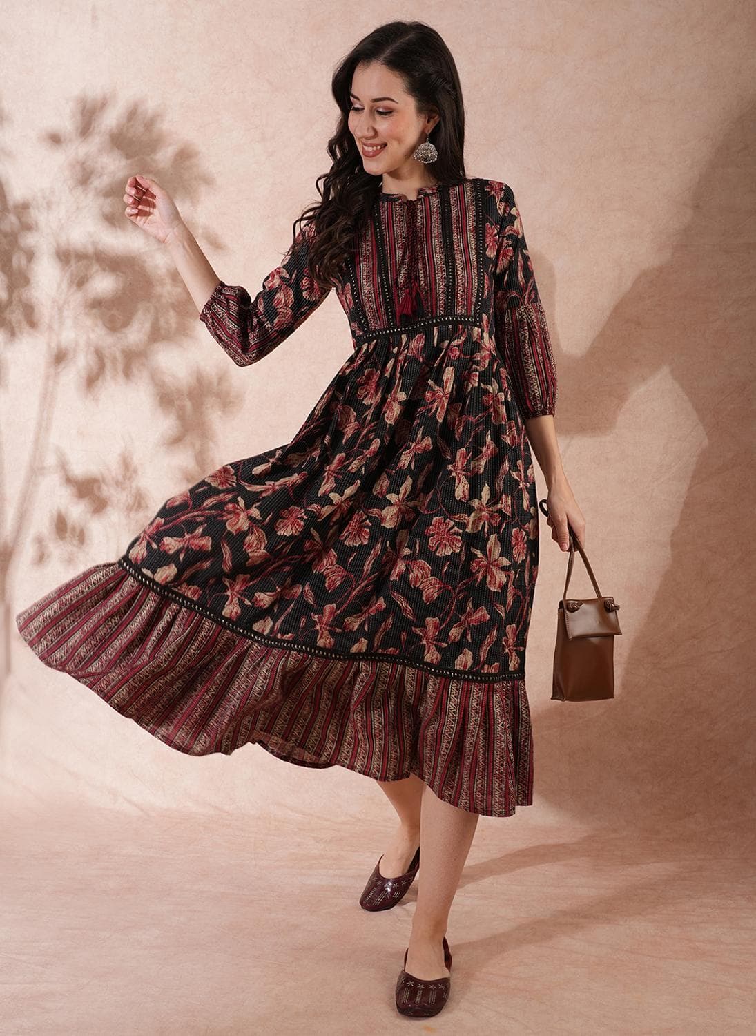 Globus Women's Black Tiered Floral Ethnic Dress with Mandarin Collar and Thread Work Tie-Up Detail