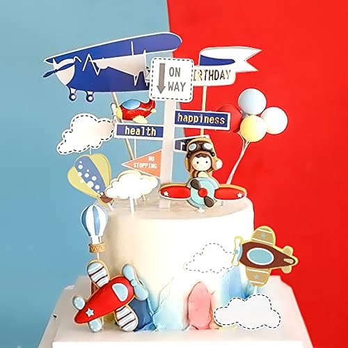 Airplane Themed Cake Toppers Set of 20 Airplanes Hot Air Balloon Balloons Clouds Road Sign and Happy Birthdany Cake Topper