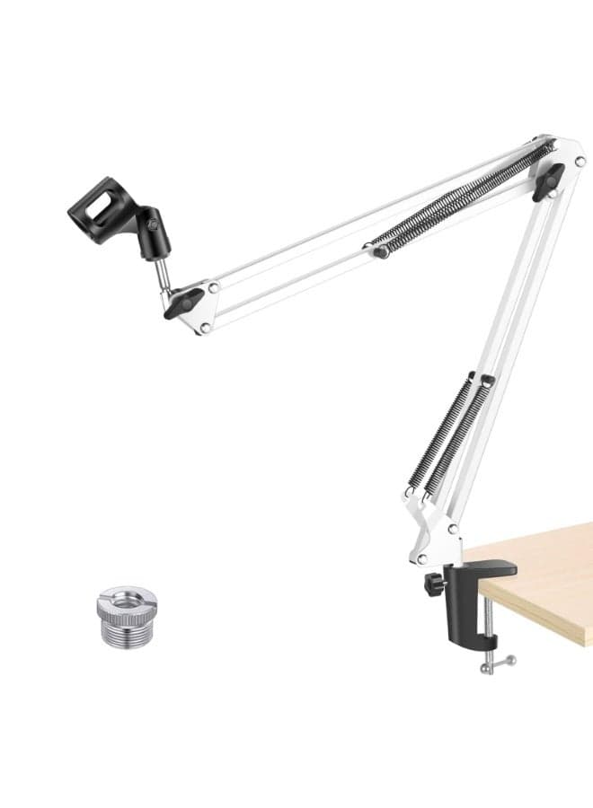 Adjustable Microphone Suspension Boom Scissor Arm Stand - Max Load 1KG, White, Compatible with Blue Yeti, Snowball, Yeti X, and More