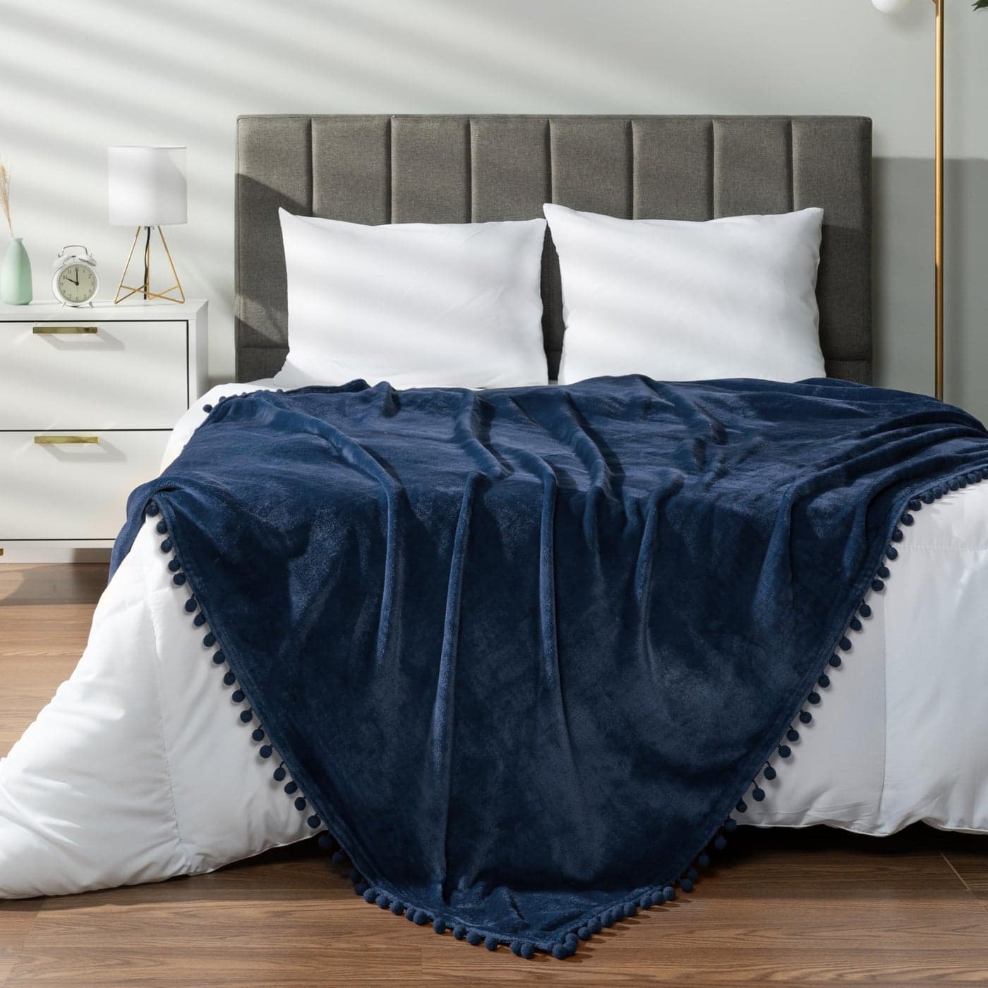 PAVILIA Fleece Throw Blanket for Couch with Pom Pom Fringe Navy Blue Soft Cozy Fuzzy Flannel Blanket for Sofa Bed Large Lightweight Plush All Season Throw 60x80 Inches