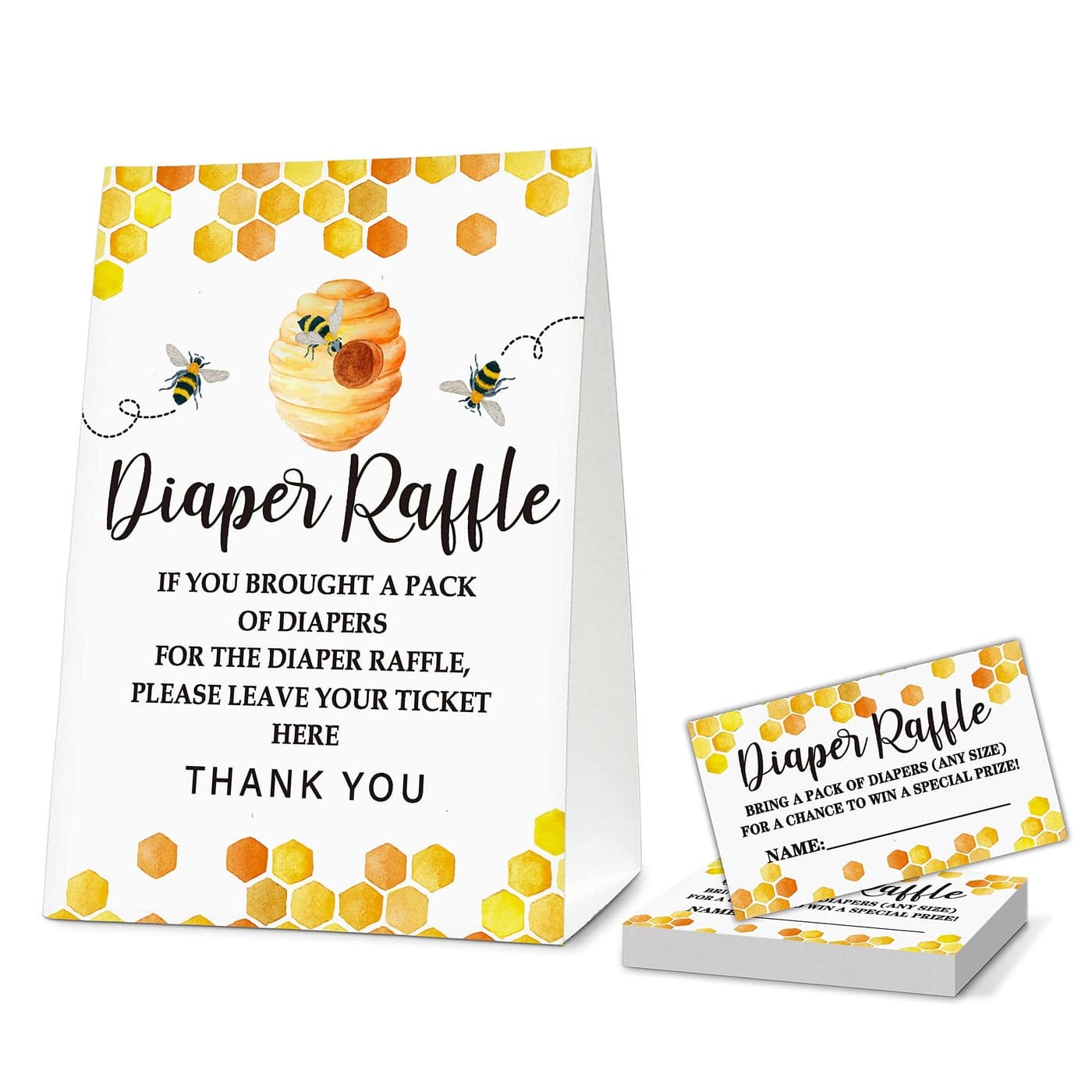 ONDTOM Bee Baby Shower Party Game Diaper Raffle Standing Sign With 50 Cards Mommy To Bee Themed Honeycomb Decor Gender Reveal Game5x7 DiaperC01