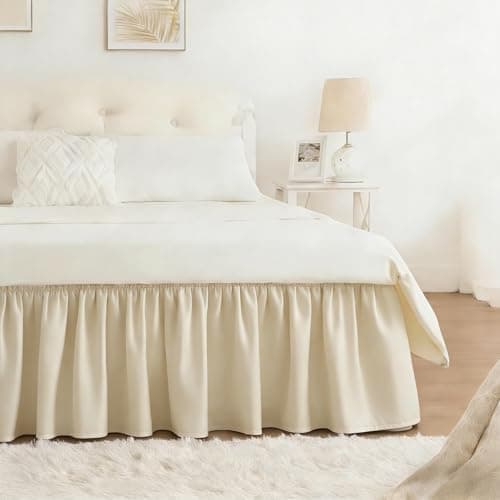RIMELA Bed Skirt Queen Size 15 Inch Drop, Wrap Around Elastic Bedskirt for Home, Room Decoration for Women, Pleated Adjustable Dust Ruffle, Light Beige, Easy to Install