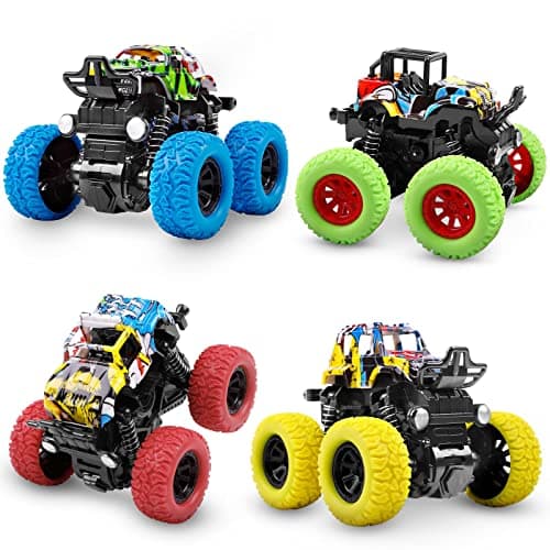 Monster Truck Toys for Ages 2-4, Friction Cars for Toddlers 1-3 Push and Go 360° Rotating Stunt Car for 2+ Year Old Boys Girls Gifts (4 Pack - Blue/Green/Red/Yellow)