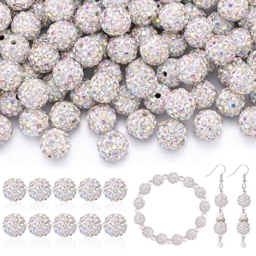 105pcs 10mm Rhinestone Beads for Jewelry Making Crystal AB Shiny Round Disco Ball Beads Bulk Sparkle Crystal Clay Christmas for Bracelet Baseball Necklace Earring Crafting and DIY