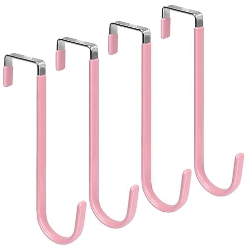 FYY Over the Door Hooks, 4 Pack Upgraded Long Door Hangers Hooks with Rubber Prevent Scratches Heavy Duty Organizer Hooks for Hanging Clothes, Towels, Hats, Coats, Bags Pink
