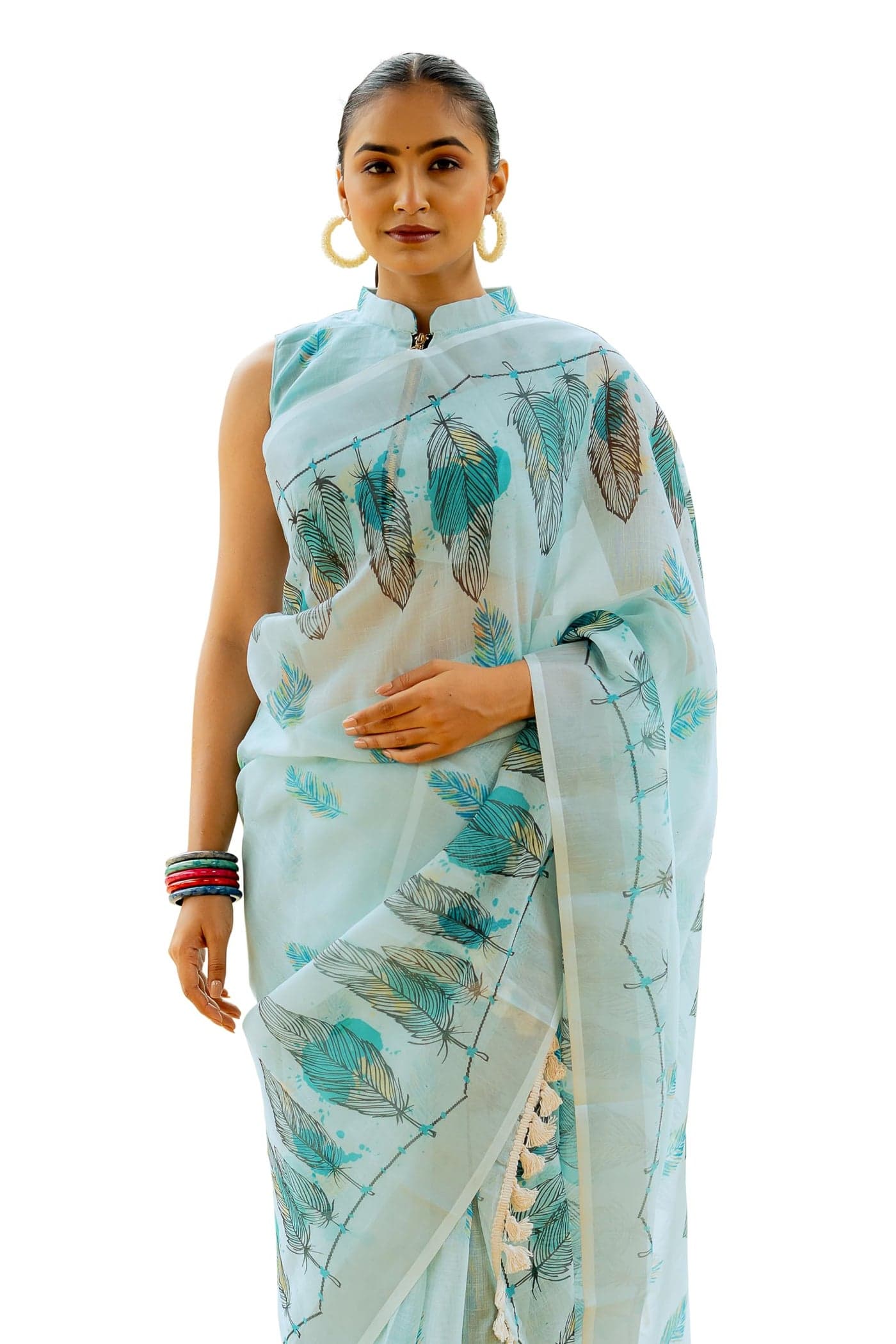 MIRCHI FASHION Women's Two Part Mekhla Chador Assamese Linen Cotton Digital Floral Printed Saree with Blouse Piece (42677 - Turquoise, Black)