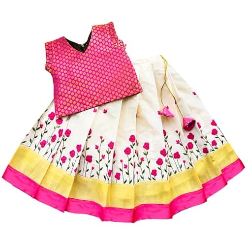 Stanwells Kids Lehenga Choli For Girls Floral Pattern Traditional Dress Ethnic Wear For Baby Girls Peacock Cotton Silk Kerala South Indian Pattu Pavadai Lehenga for Kids (Cream & Pink 3-4 Years)