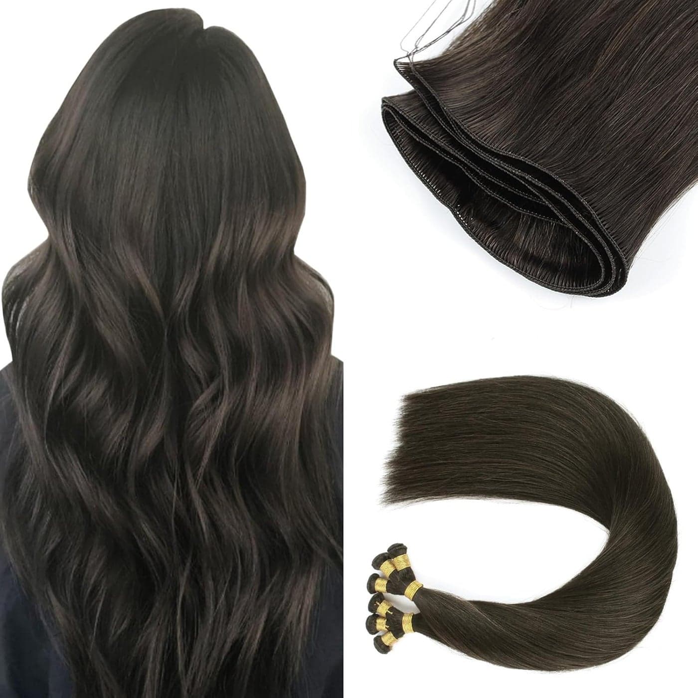 ABH AMAZINGBEAUTY HAIR Black Hair Wefts Human Hair 20 Inch Sew in Real Hair Extensions Sew in Hand Tied Weft Hair Extensions Straight Double Weft Remy Human Hair Off Black Color 1B 50 Gram